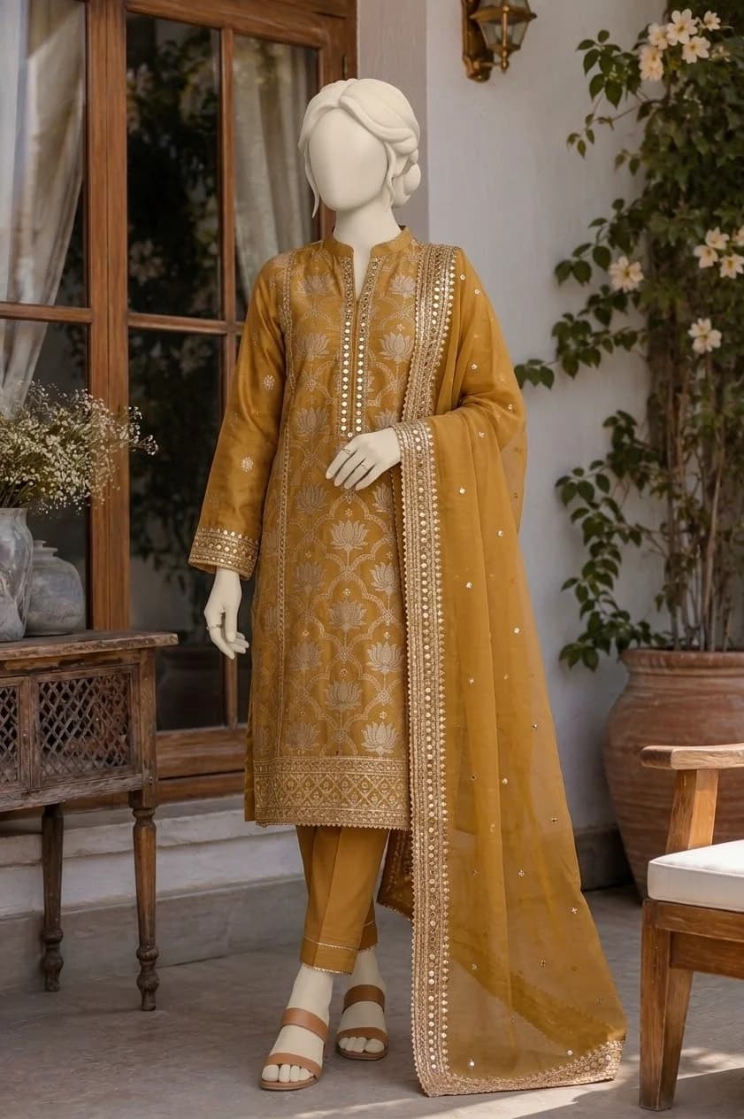 Front view of a mannequin wearing a mustard yellow embroidered Fadaura shalwar kameez with matching trousers and an embellished sheer dupatta.