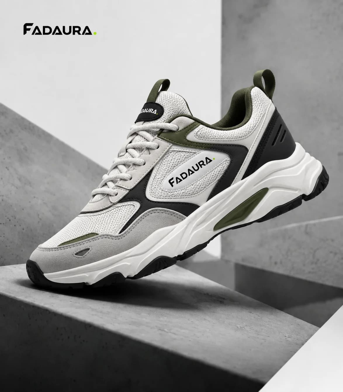 white and olive green chunky sneakers with mesh upper