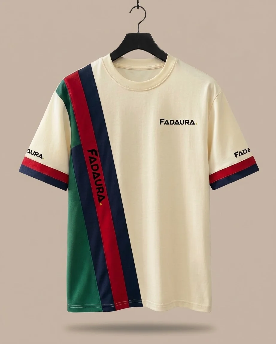 cream color block oversized t-shirt with green red and navy panels