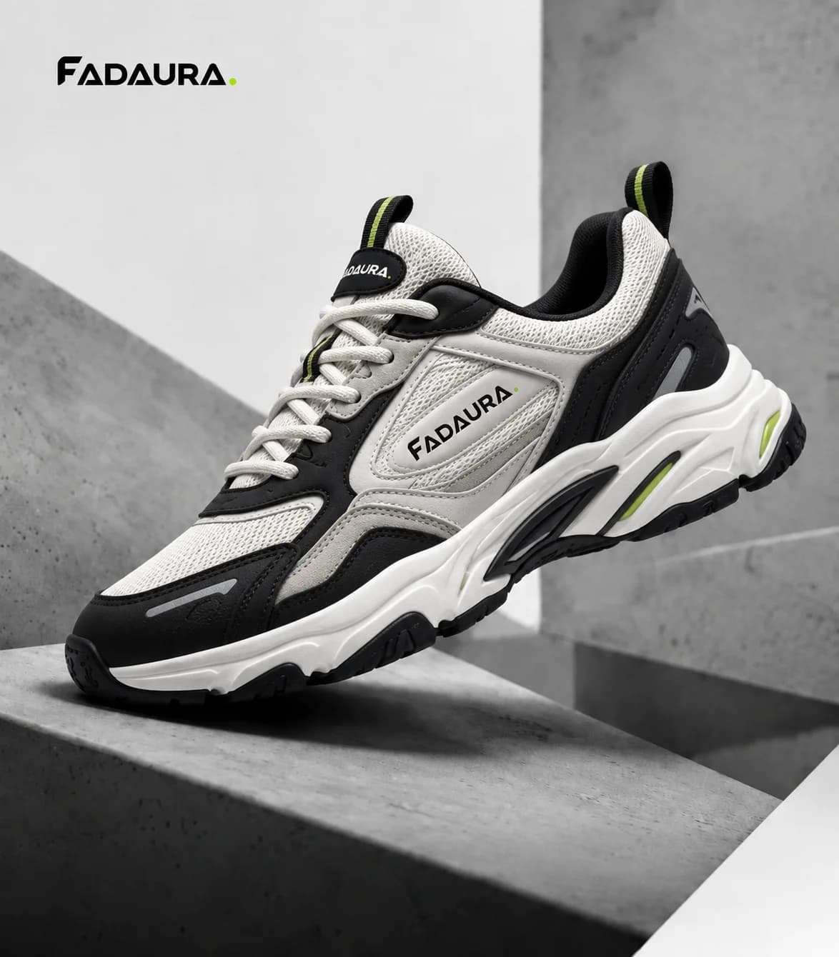 black and white chunky sneakers with lime green accents